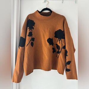 🤎🖤Anthropologie Floral Knit Sweater Brown Black Botanical Mock Neck